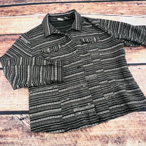 Chico's Metallic Woven Button Front Blazer Jacket Black White 3/L 16-18 - Picture 1 of 8